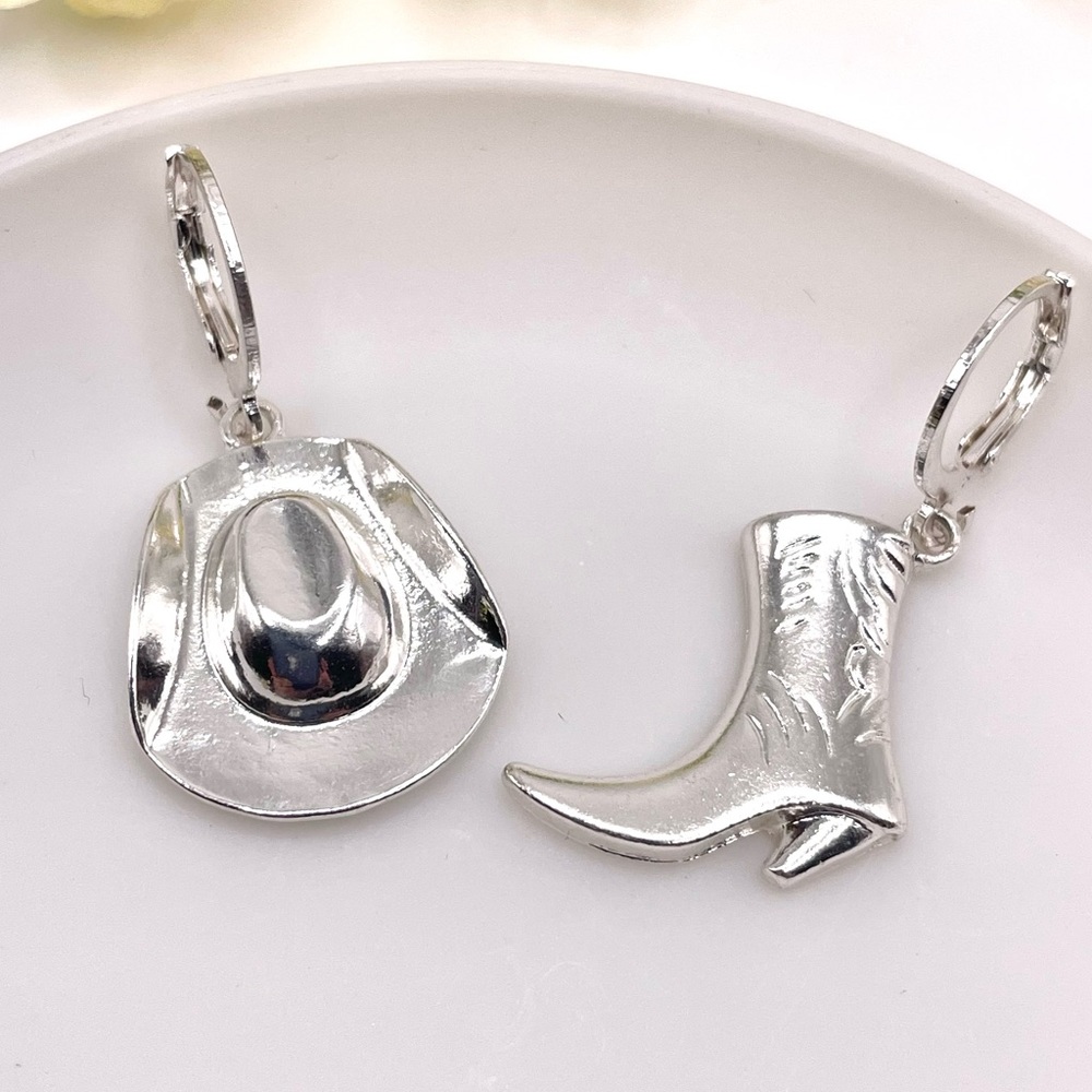 Silver Mismatched Cowboy Boot Hat Huggie Hoop Earrings